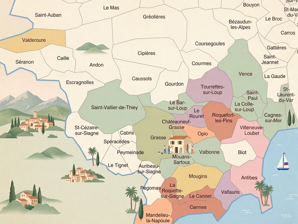 Carte illustrée des communes des Alpes-Maritimes où intervient Eric Gastaud, autour de Grasse et du Rouret