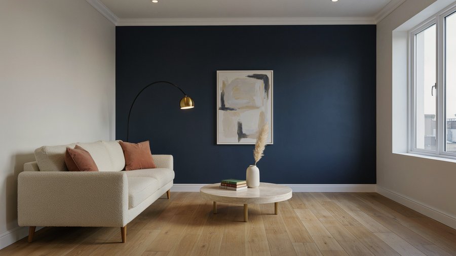 Salon repeint, mur d’accent bleu nuit