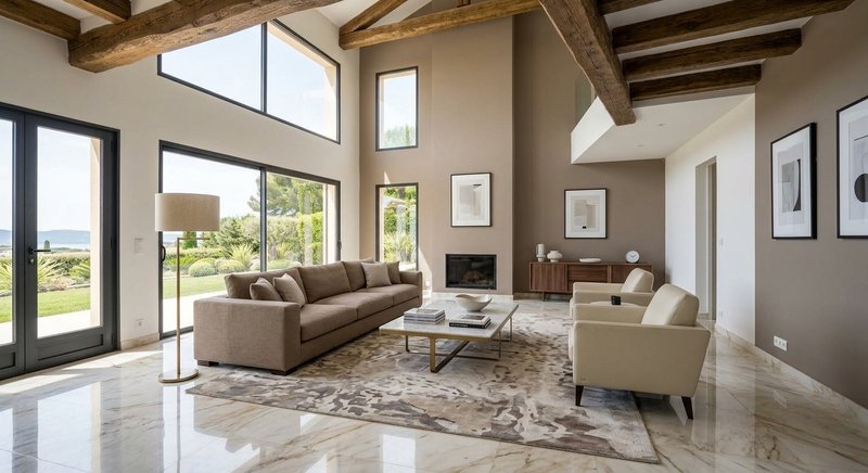 Séjour avec vue mer après travaux, mur peint dans une teinte beige
