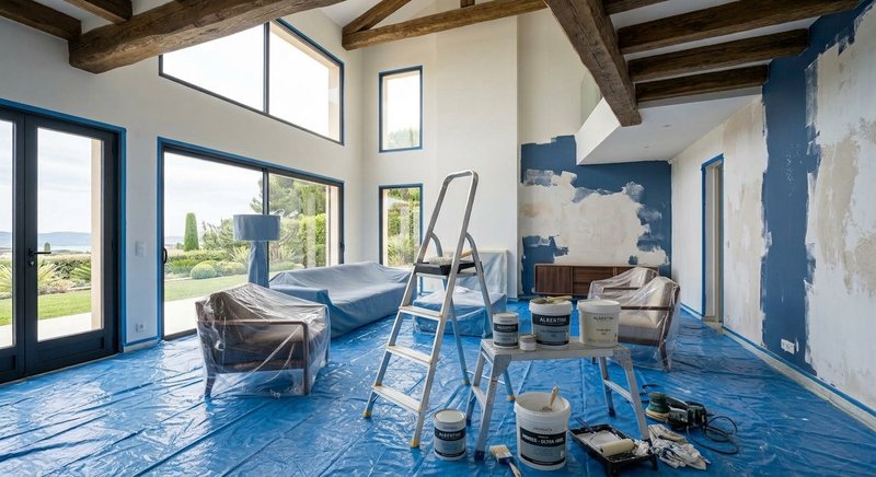 Séjour avec vue mer protégé pendant les travaux, bâches et pots de peinture au sol