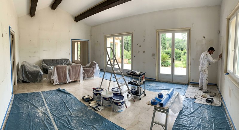 Séjour protégé pendant les travaux de peinture, bâches et matériel au sol